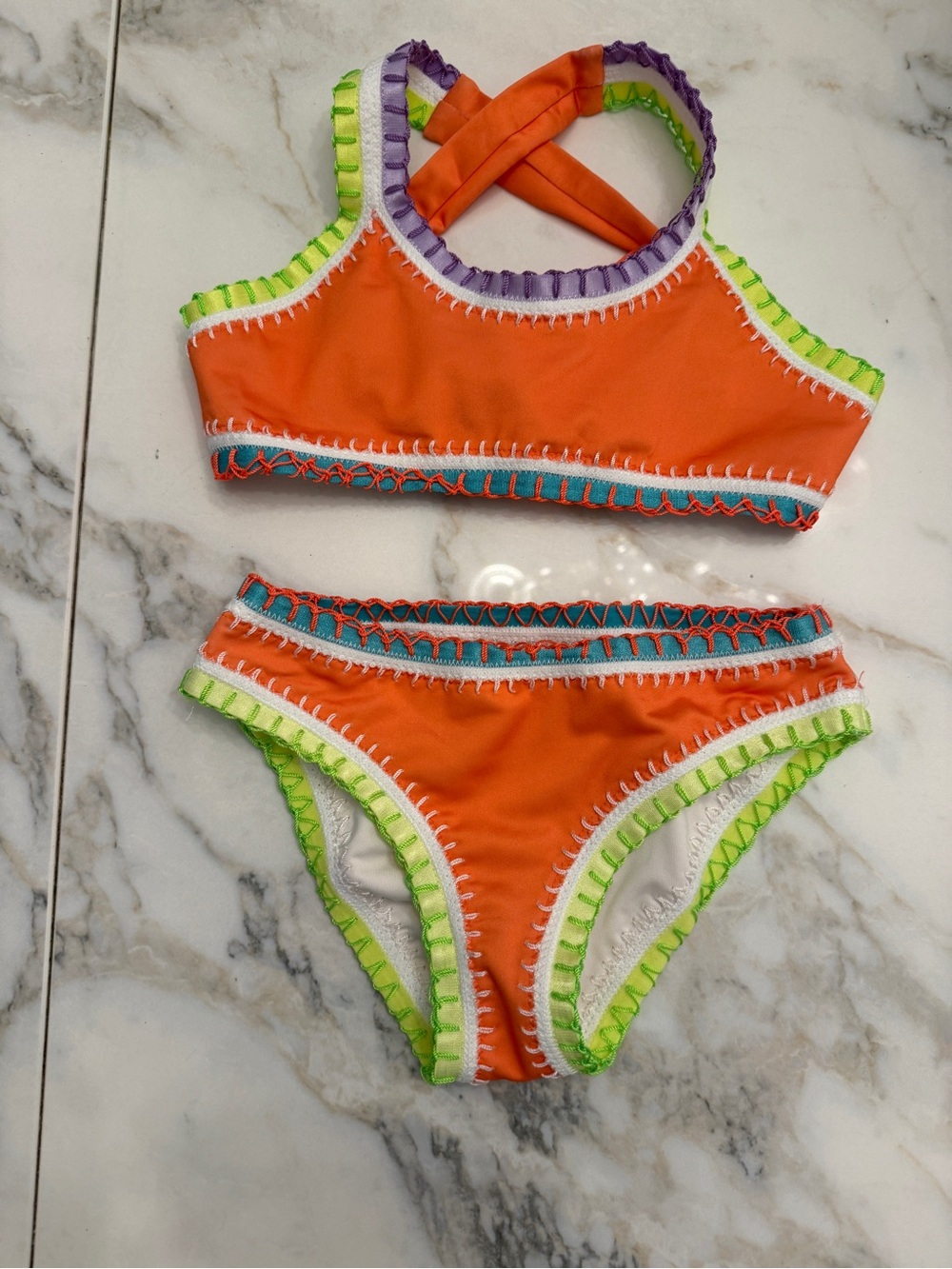 Girls' Orange Crochet-Trim Bikini Set